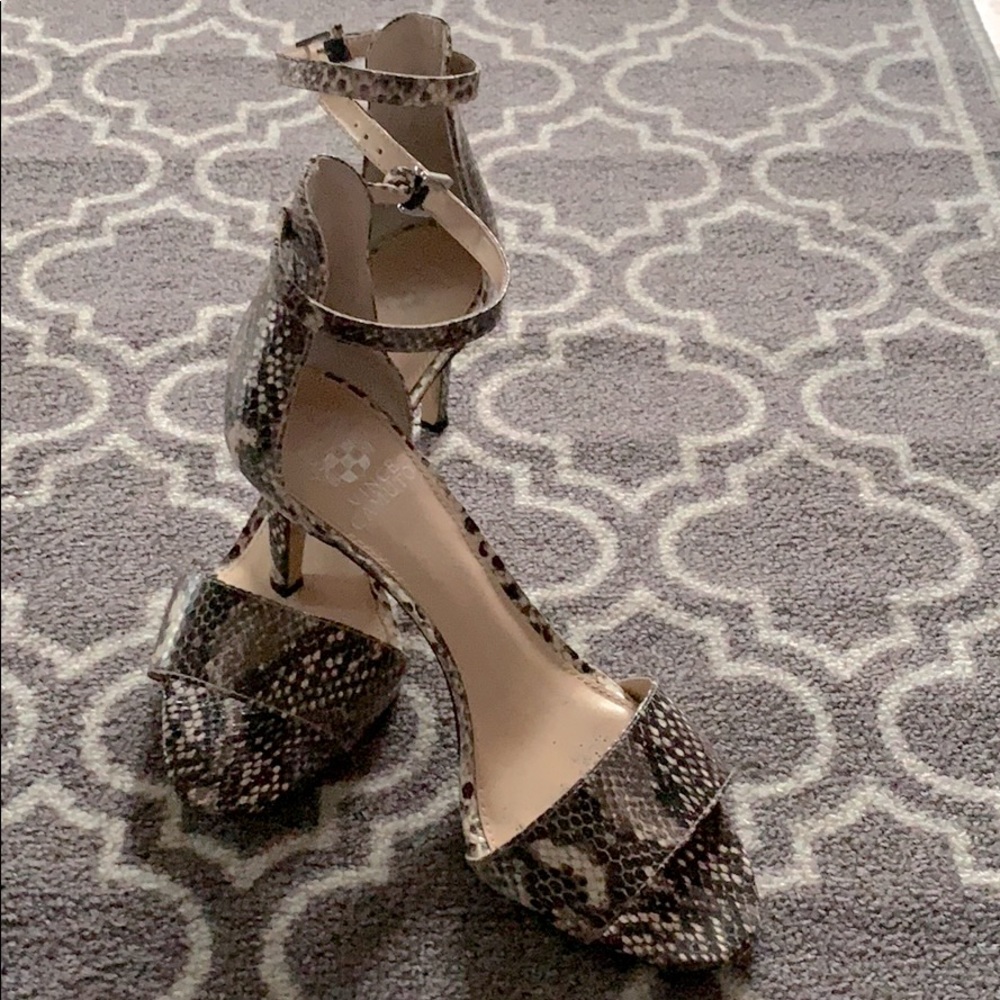 Snake print open toe strappy heels